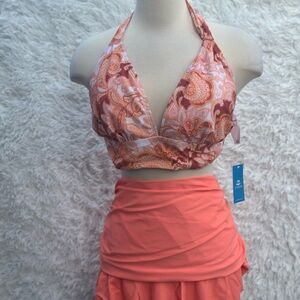 Cupshe Halter Paisley Print Swim Top and Coral Skirt Swimsuit Set size 2XL